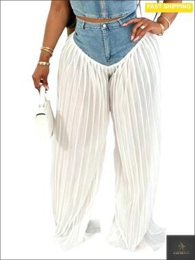 High Waisted Patchwork Wide Leg Pleated Denim Jeans Color Block Baggy Pants